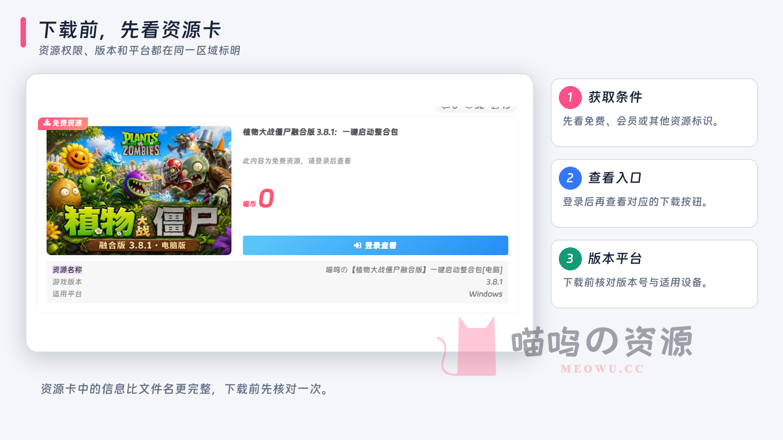 喵呜资源卡中的获取条件、登录入口、版本与平台说明
